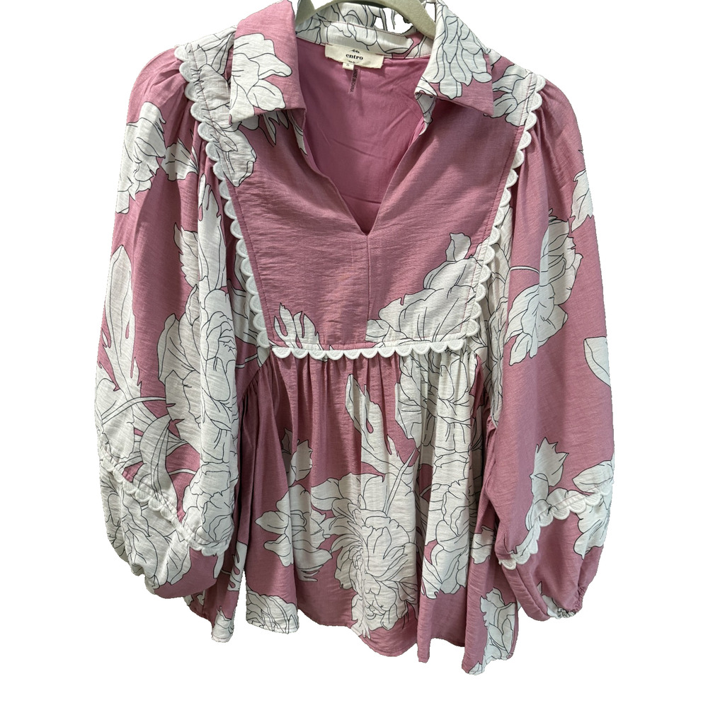 Entro S Pink/White Floral Puffed Sleeve Blouse Lined Cottagecore Feminine